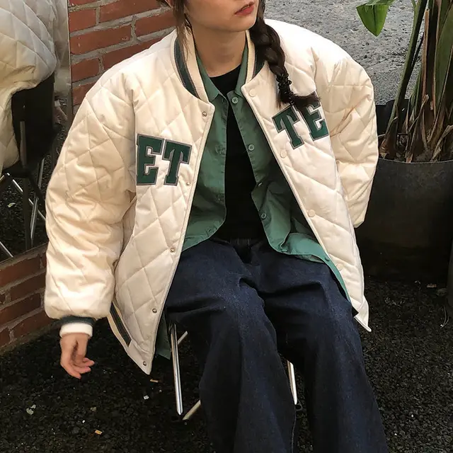 Women's Autumn And Winter Rhombus Baseball Jacket Beige Thickening - Shop at LoveMi