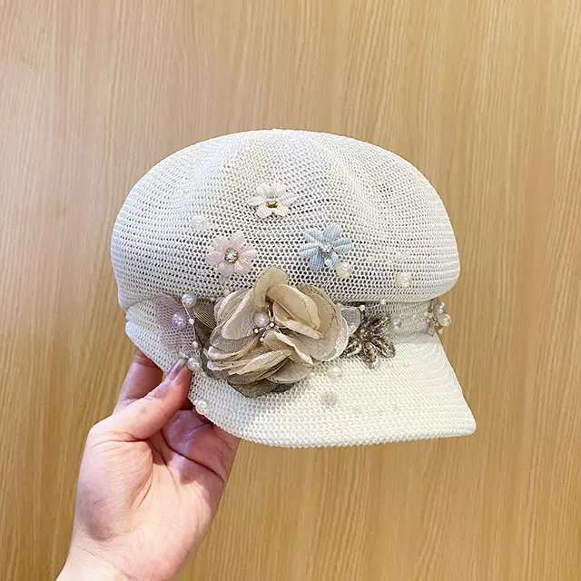 Women's Knitted Face Covering Breathable Pearl Flower Beret Beige - Shop at LoveMi