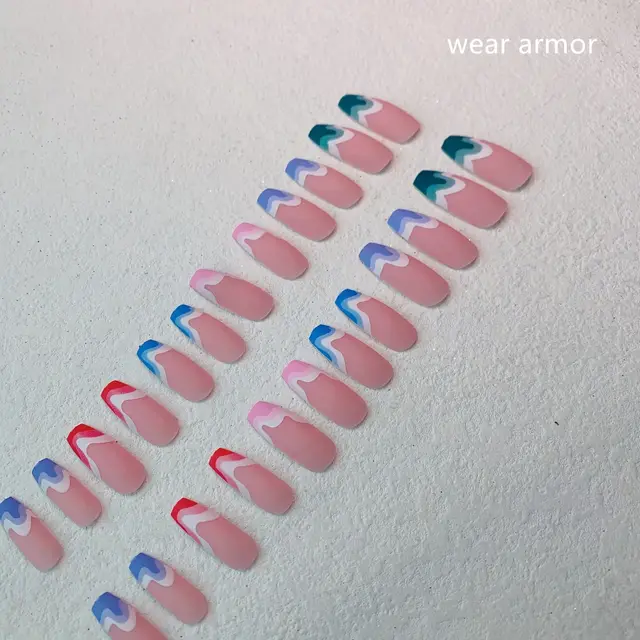 Fake Nails Multicolored Wave Pattern Extra Long Ballerina Frosted Nail Art Wearing Armor - Shop at LoveMi