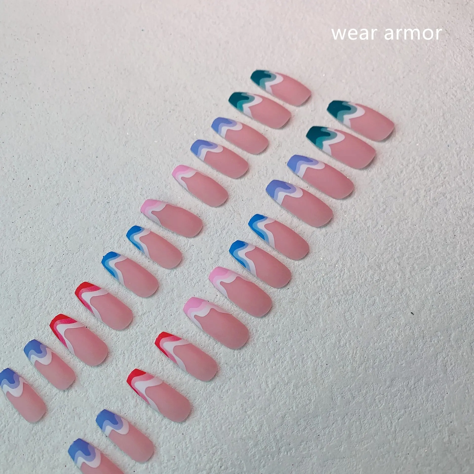 Fake Nails Multicolored Wave Pattern Extra Long Ballerina Frosted Nail Art - Wearing Armor