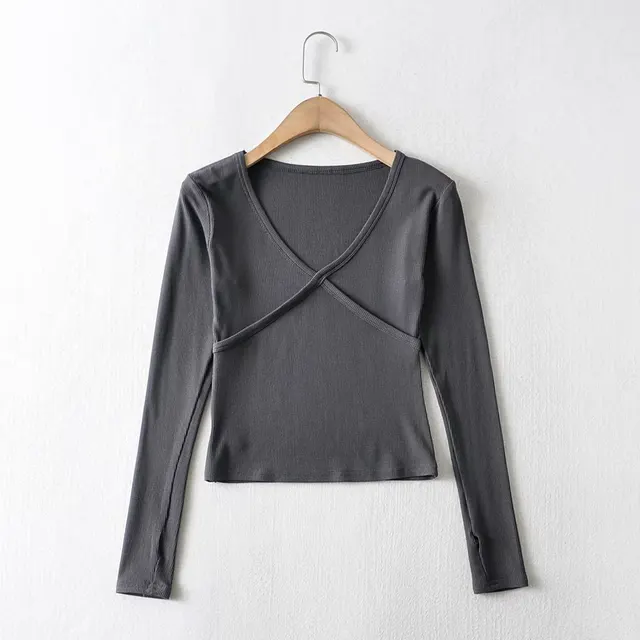 Women's Solid Color Long Sleeve V Neck Slim Fit T Shirt Grey - Shop at LoveMi