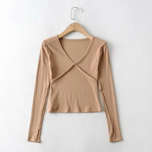 Women's Solid Color Long Sleeve V Neck Slim Fit T Shirt Khaki - Shop at LoveMi