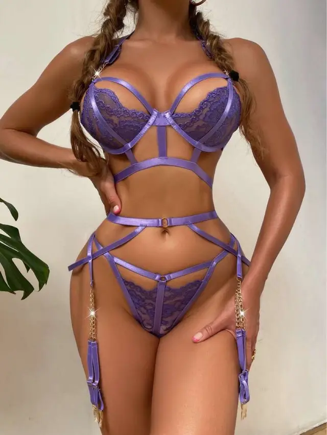 Garment Three piece Lace Embroidered Erotic Lingerie Uniform Purple - Shop at LoveMi
