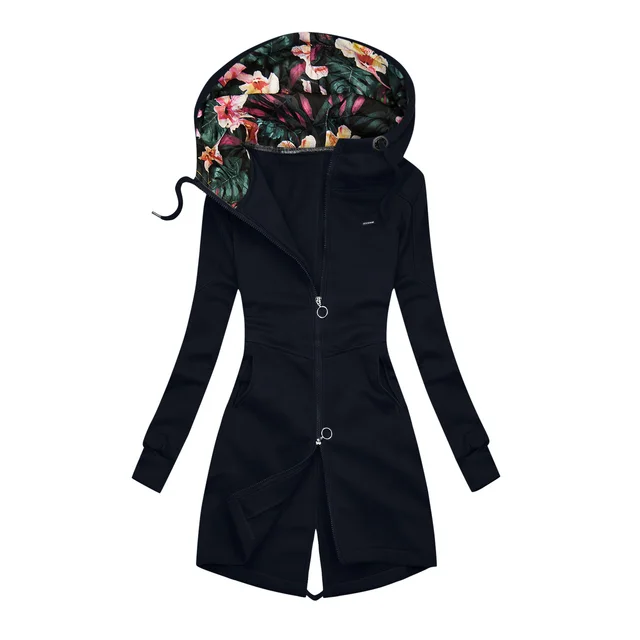 Solid Color Sweatshirt Ladies Long Sleeve Hooded Zipper Cardigan Casual Jacket Navy Blue - Shop at LoveMi