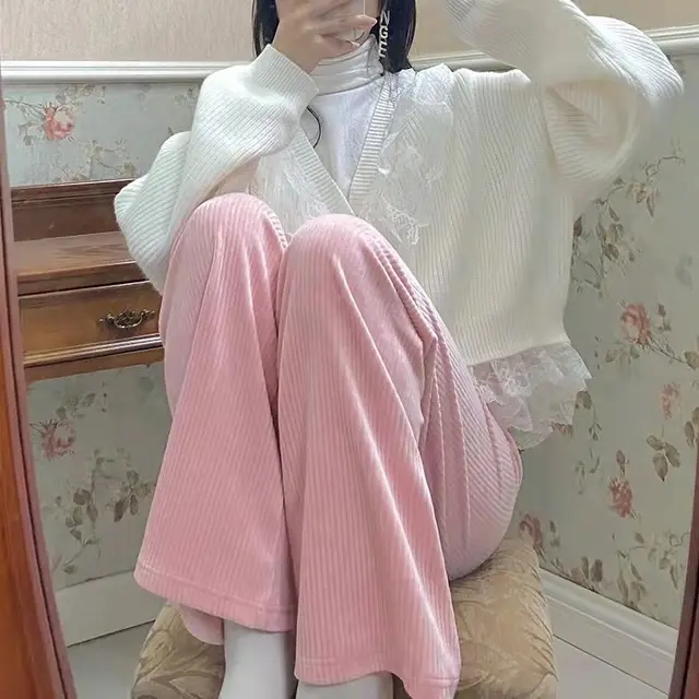 Loose Straight High Waist Lazy Casual Casual Pants Pink - Shop at LoveMi