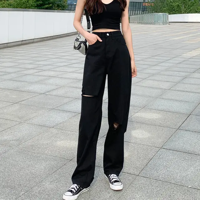 Women's Black Wide Leg Ripped Summer Jeans Black - Shop at LoveMi