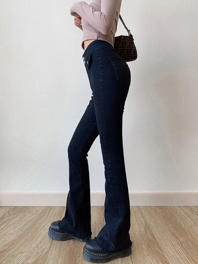 American Retro Slim Double Button Pocket Jeans Black - Shop at LoveMi