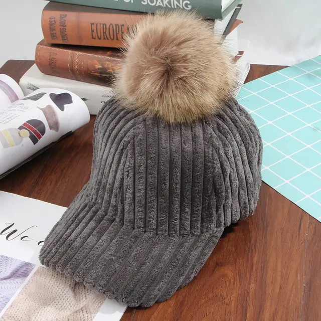 Ladies Fur Ball Solid Color Corduroy Hat Grey - Shop at LoveMi