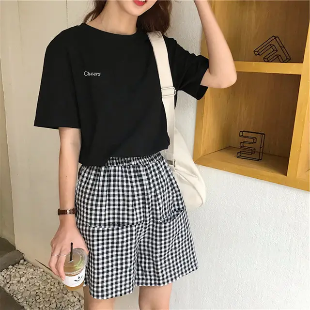 Women Short Sleeve T shirts Loose Casual Letter Embroidery Black - Shop at LoveMi