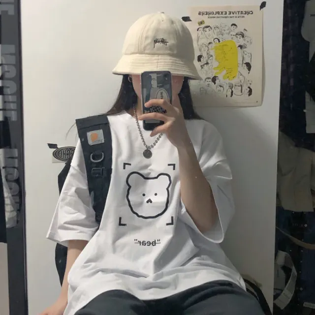 Women's Loose Crew Neck Bear Print Short Sleeves White - Shop at LoveMi