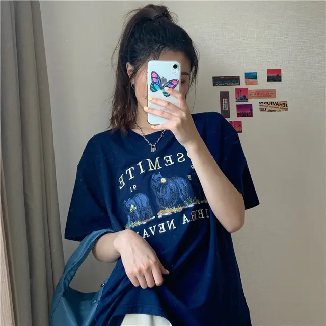 Fashion Women Cartoon Student Loose Top Navy Blue - Shop at LoveMi