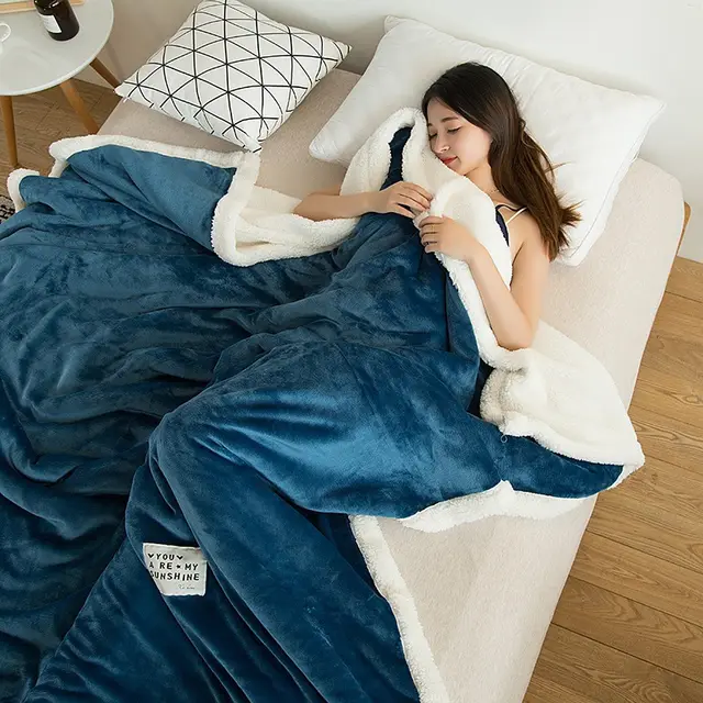 Lamb Fleece Blanket Summer And Autumn Quilt Flannel Dark Blue - Shop at LoveMi