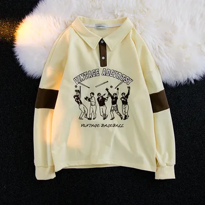 Fashion Loose Embroidered Colorblock Polo Neck Sweatshirt Cream Yellow - Shop at LoveMi
