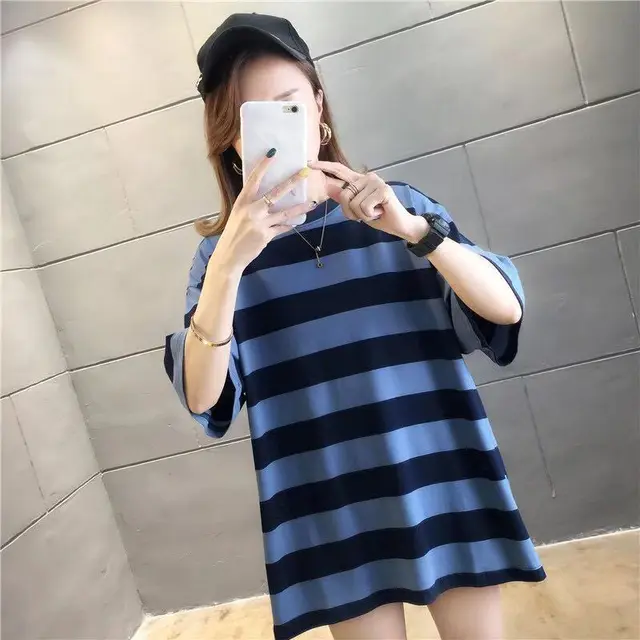 Mid Length Loose Striped Print Men's And Women's T Shirt Top Blue - Shop at LoveMi