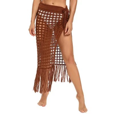 Ladies Fashion Slit Fringe Beach Skirt Brown - Shop at LoveMi