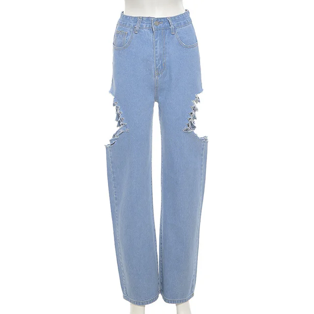High Waist Slim Straight Pants Ripped Casual Jeans Light Blue - Shop at LoveMi