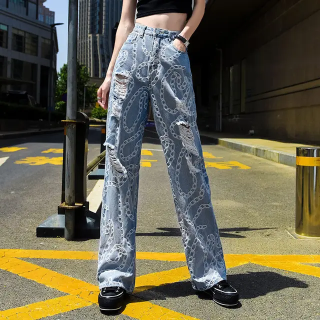 Women's Straight Loose Ripped Pants Drape Daddy Pants Light Blue - Shop at LoveMi