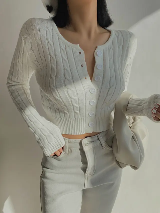 European And American Retro High Waist Long Sleeve Sweater Cardigan White - Shop at LoveMi
