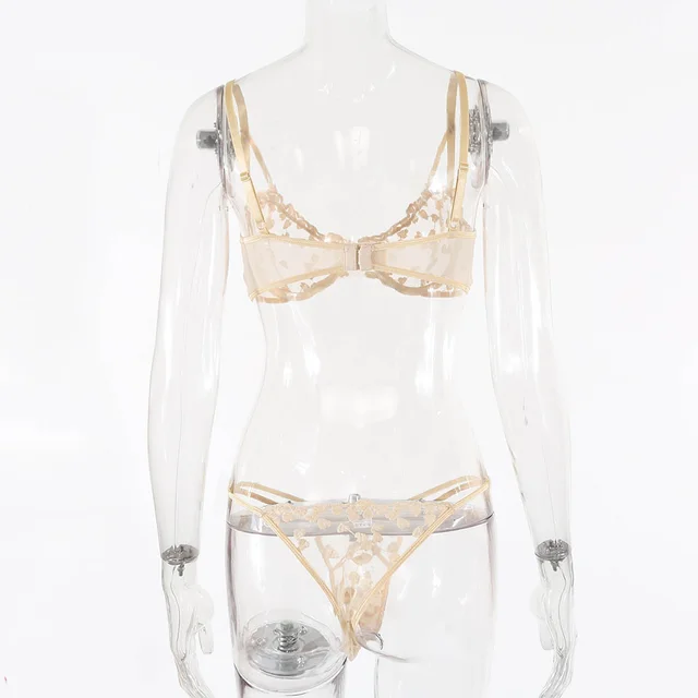 European And American Women's Crochet Lace Perspective Bow Lingerie Apricot - Shop at LoveMi