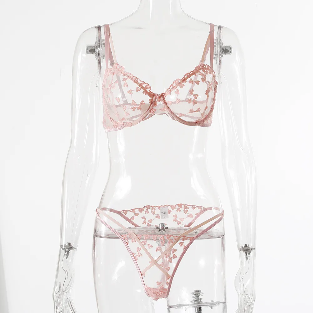 European And American Women's Crochet Lace Perspective Bow Lingerie - Pink