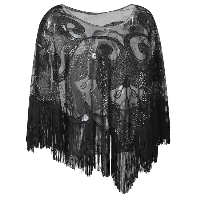 Loose Tassel Top Blouse Shawl Sequined Mesh Sequined Cloak See through Small Outer Build Black - Shop at LoveMi