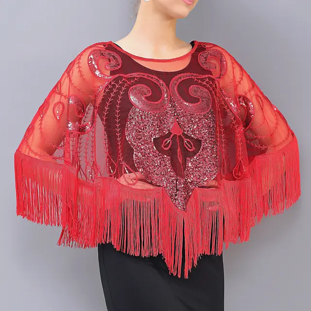 Loose Tassel Top Blouse Shawl Sequined Mesh Sequined Cloak See through Small Outer Build Bright Red - Shop at LoveMi