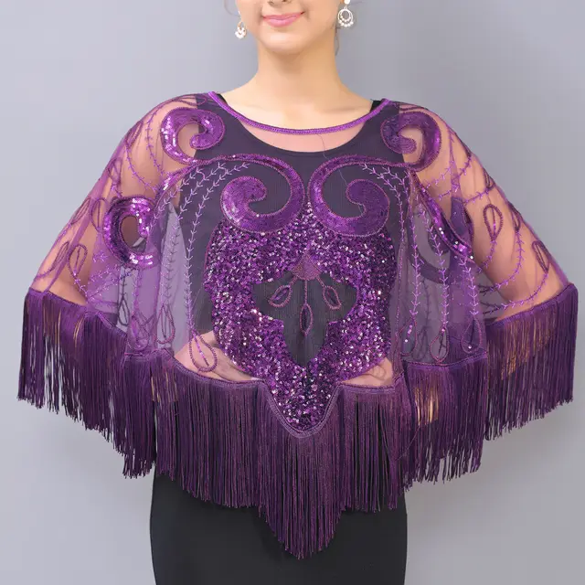 Loose Tassel Top Blouse Shawl Sequined Mesh Sequined Cloak See through Small Outer Build Purple - Shop at LoveMi