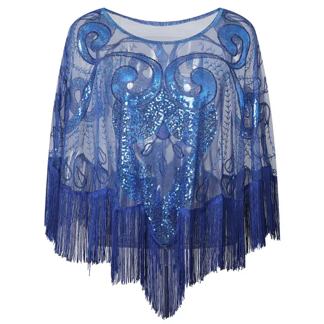 Loose Tassel Top Blouse Shawl Sequined Mesh Sequined Cloak See through Small Outer Build Sapphire Blue - Shop at LoveMi
