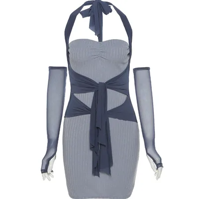Elegant Abstinence Tie Waist Halter Dress Blue - Shop at LoveMi