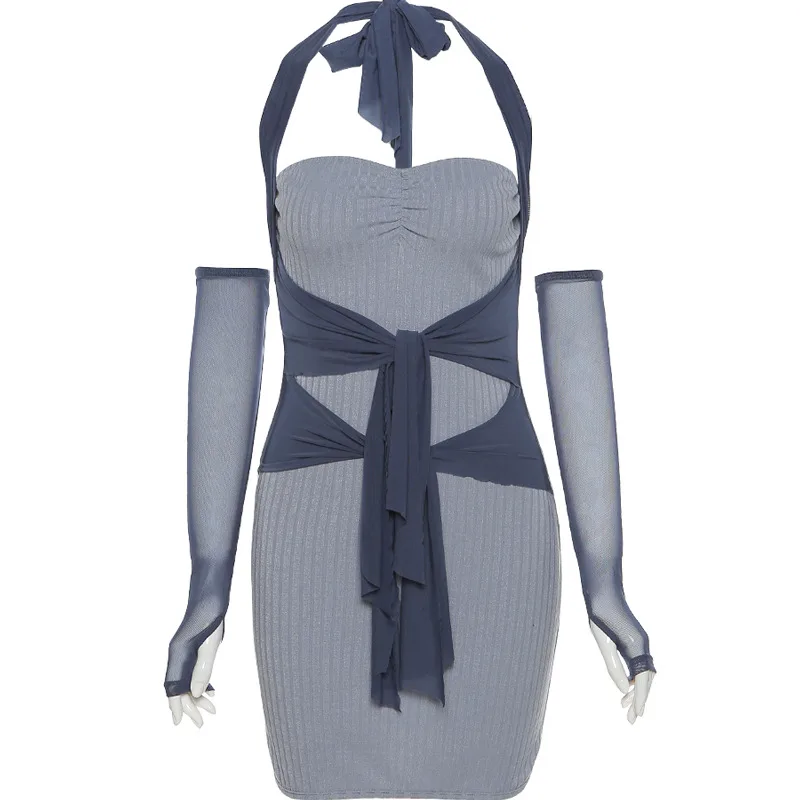 Elegant Abstinence Tie Waist Halter Dress Blue - Shop at LoveMi