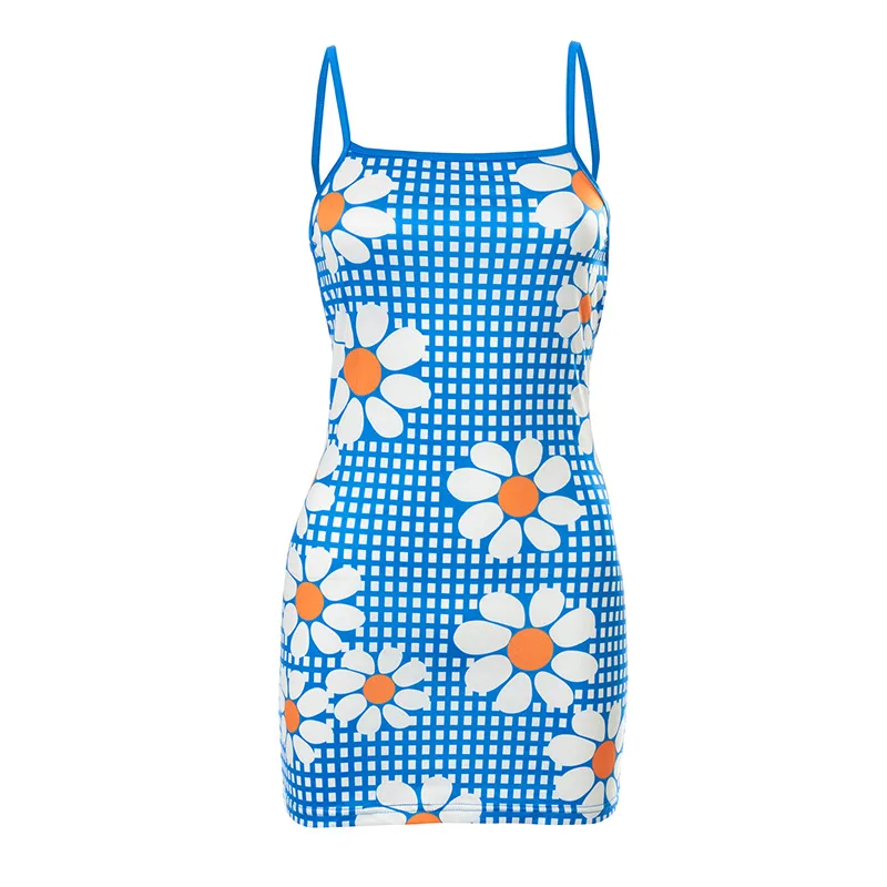 Sling Sleeveless Printed Backless Low Waist Bag Hip Women's Short Skirt Blue - Shop at LoveMi