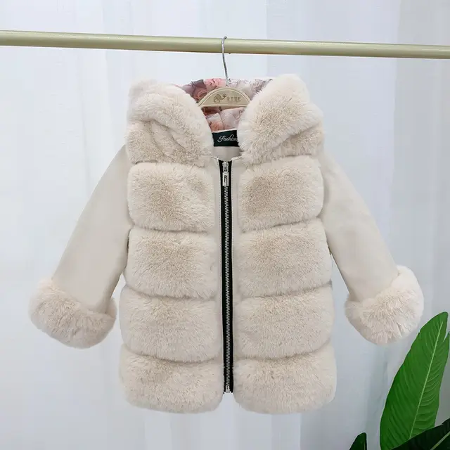 Children's Cotton Coat Rex Rabbit Hooded Faux Fur Coat Apricot - Shop at LoveMi