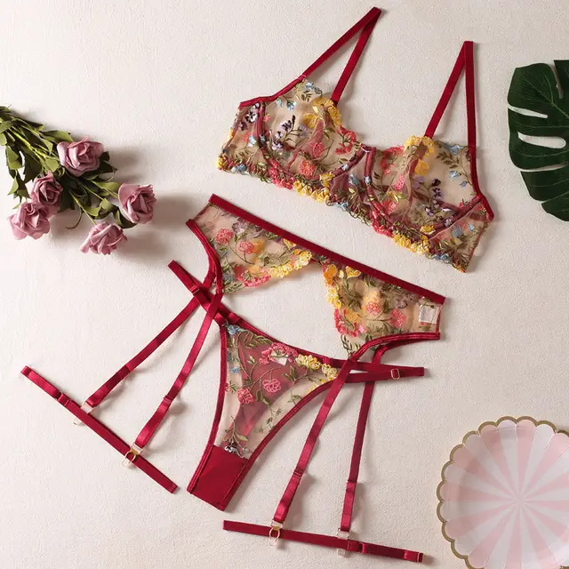 Ellolace Lingerie Sensual Lace Underwear Transparent Embroidery 3 Piece Garters Wine Red - Shop at LoveMi