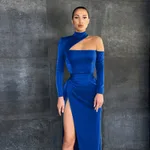 Padded One-Shoulder Sling Back Slit Long Dress - Blue