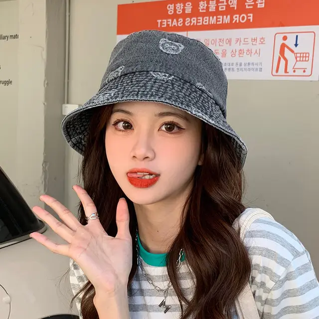 Denim Fisherman Hat Spring Bear Fashion Student Korean Style Sunshade Dark Grey - Shop at LoveMi