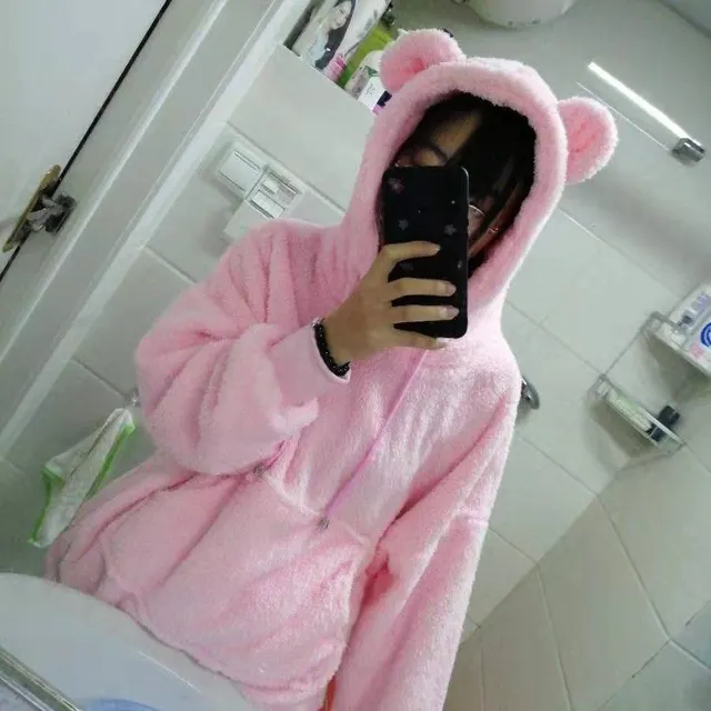 New Bear Ears Lamb Wool Coat Loose Fleece Hooded Sweater Pink - Shop at LoveMi