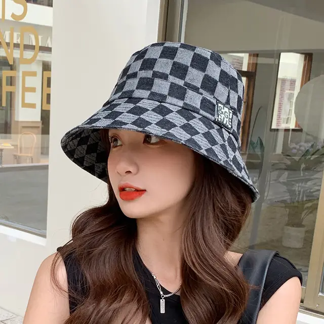 Women's Plaid Shade Sunscreen Denim Fisherman Hat Black - Shop at LoveMi