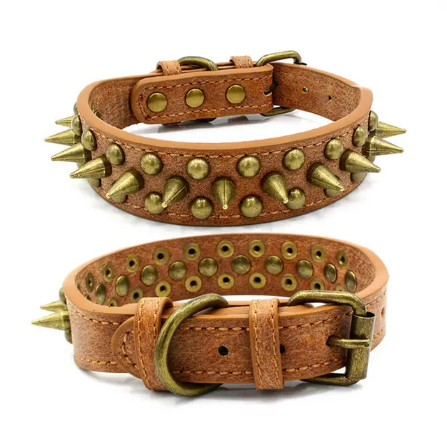 Retro Studded Spiked Rivet Large Dog Pet Leather Collar Pit Bull S XL Brown - Shop at LoveMi