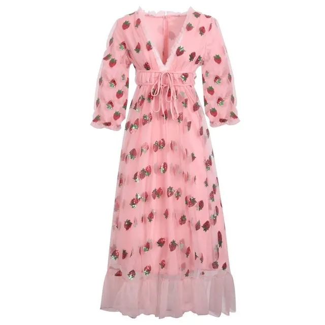 Strawberry Two Tone Sequin Mesh Tie Pleated Dress Summer Pink Long Sleeves - Shop at LoveMi