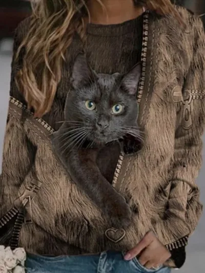 Zip Up Cartoon Cat Print Casual O Neck Long Sleeve T Shirt Brown - Shop at LoveMi