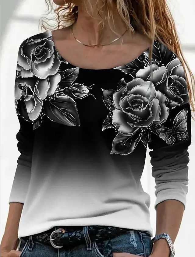New Long Sleeve Loose Round Neck Casual Pullover 3D Printing T Shirt Women Black - Shop at LoveMi