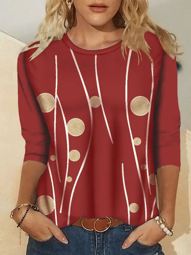 Women's Fashion Printed Crew Neck Long Sleeve T Shirt 02Gold Coin Wine Red - Shop at LoveMi