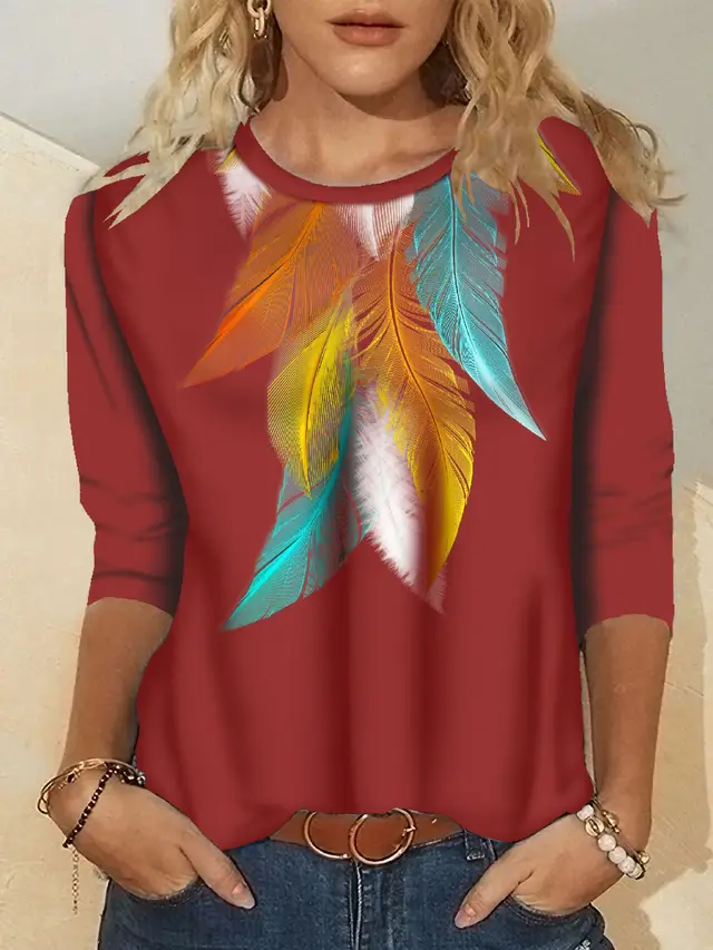 Women's Fashion Printed Crew Neck Long Sleeve T Shirt 05Feather Wine Red - Shop at LoveMi