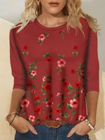 Women's Fashion Printed Crew Neck Long Sleeve T-Shirt - 11Small Red Flower Wine Red