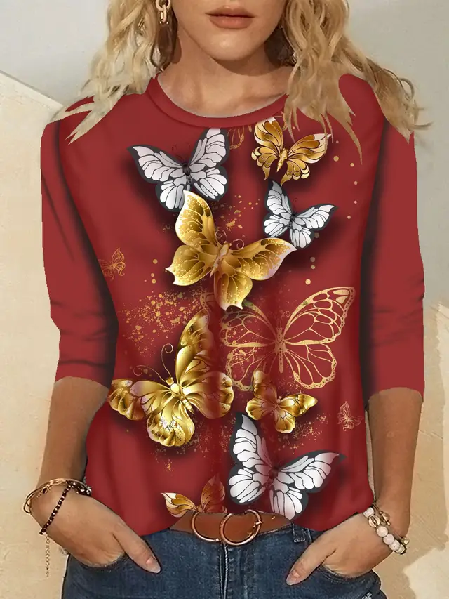 Women's Fashion Printed Crew Neck Long Sleeve T Shirt 18Butterfly Wine Red - Shop at LoveMi