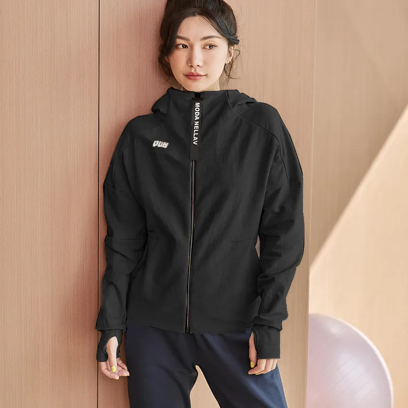 Sports Jacket Women's Fitness Quick Dry Zipper Long Sleeve Hooded Top - Black