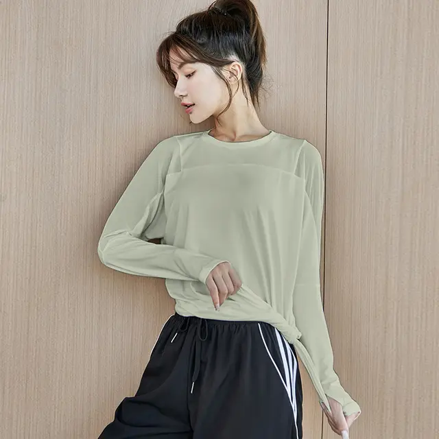 Fitness Yarn Loose Sports Top Thin Quick Dry Long Sleeves Green - Shop at LoveMi