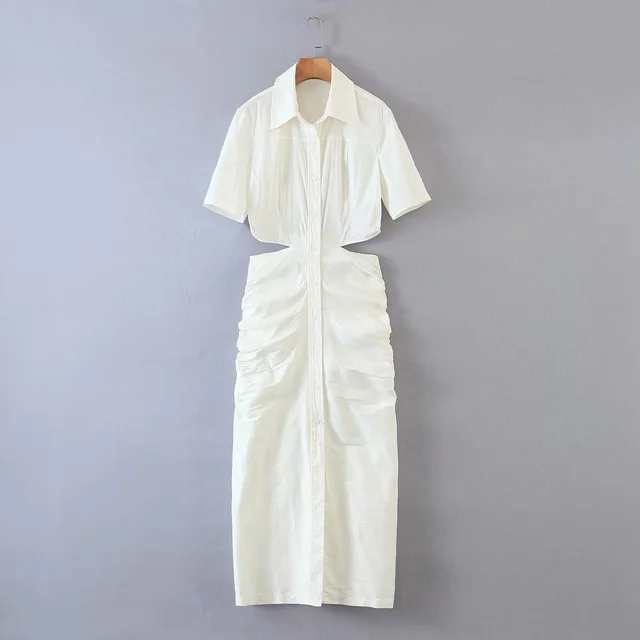 European And American Style Solid Color Back Hollow Short sleeved Dress White - Shop at LoveMi