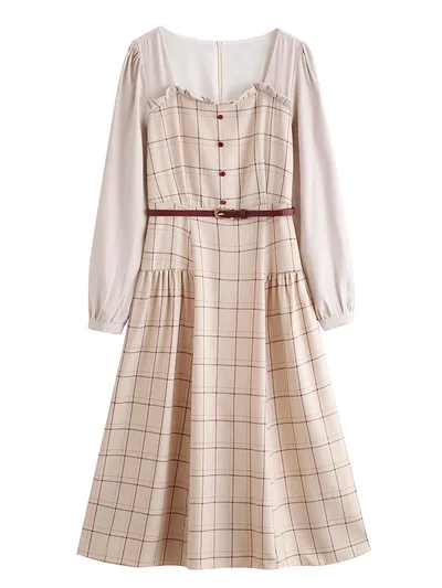 Women's Autumn And Winter Retro Plaid Dress Apricot - Shop at LoveMi