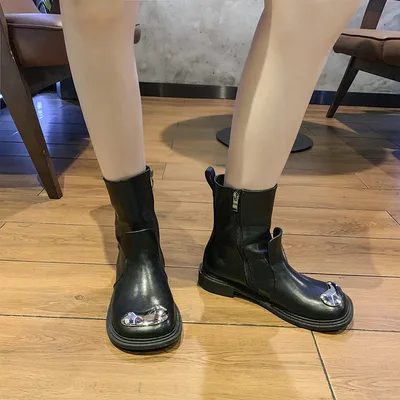 Women's Square Toe Metal Buckle Flat Martin Boots Side Zipper Black - Shop at LoveMi